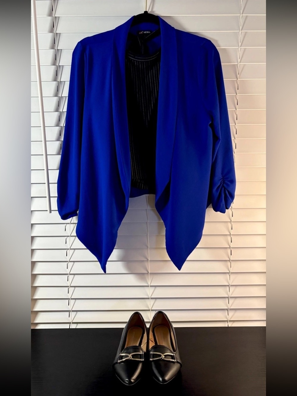 Michel Royal Blue Open Front Shawl Blazer Draped Ruched 3/4 Sleeve Large L